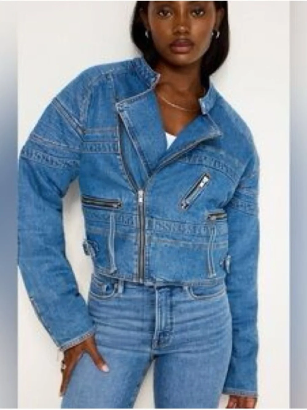 Good American Navy Quilted Jacket with Denim Trim